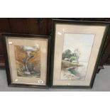 2 Edwardian watercolours of a mountain waterfall and river shore.
