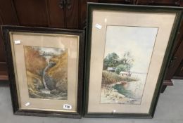 2 Edwardian watercolours of a mountain waterfall and river shore.