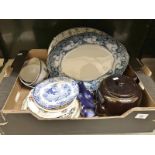 A box of china including Compton ware vases, blue and white meat platter etc.