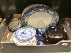 A box of china including Compton ware vases, blue and white meat platter etc.