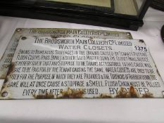 2 enamel signs - 'The Brodsworth Main Colliery Co., Ltd., water closets'.