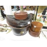 A leather top hat box and 3 collar boxes.
