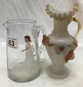 A Mary Gregory jug and a 'Stourbridge' glass ewer.