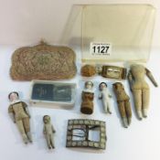 A mixed lot including decorative sewing needle case, late Victorian miniature dolls/figures,