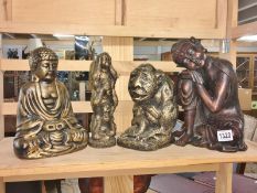 3 gilt figures including monkey, Buddha etc and a large Buddha.