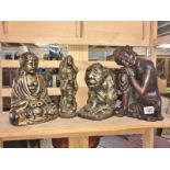 3 gilt figures including monkey, Buddha etc and a large Buddha.