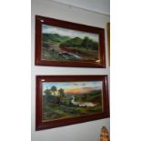 2 framed and glazed oils on board naive art country scenes bearing initials J.M.
