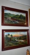 2 framed and glazed oils on board naive art country scenes bearing initials J.M.