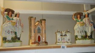 2 19th century Staffordshire figures and 2 castles, a/f.