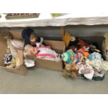 3 boxes of dolls and soft toys.