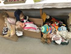 3 boxes of dolls and soft toys.