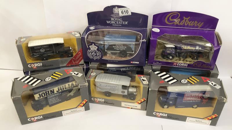 9 Corgi classics including Royal Worcester Bedford box van.