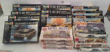 Boxed Revell tank model kits, 4 Airfix vehicle kits and 6 Matchbox vehicle kits.