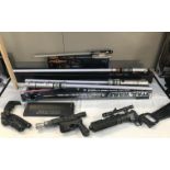 A collection of Star Wars weapons including Luke Skywalker Force fx lightsaber,