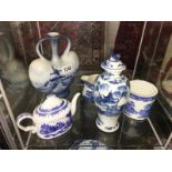 5 items of blue and white including teapot, vase etc.