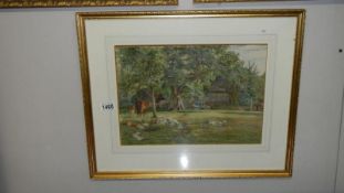 A framed and glazed farmyard watercolour on board (artist not Known).