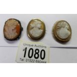3 shell cameo brooches, 2 of Roman profiles and one female profile.