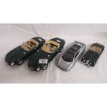 3 Burago model cars (2x Jaguar E types and a Jaguar XK120) and a Maistro model of a Jaguar XJ220.