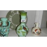 3 hand painted vases and a Jasper ware plate.