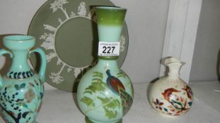 3 hand painted vases and a Jasper ware plate.