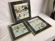 3 framed and glazed Rupert artwork pieces, one signed John Harrold.