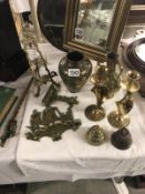 A mixed lot of brass ware including candlesticks.