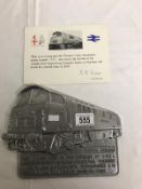 BR Western diesel hydralic locomotive commemorative plaque with certificate - This plaque cast in