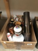 A box of miscellaneous jugs, wine decanters etc.