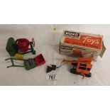 A boxed Moko excavator (a/f), cement mixer and lawn mower.