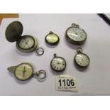 3 old ladies fob watches, a pocket watch and 2 compasses for spares or repair.