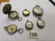 3 old ladies fob watches, a pocket watch and 2 compasses for spares or repair.