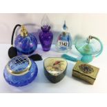 4 coloured glass scent bottles, a rose bowl and 2 trinket boxes.