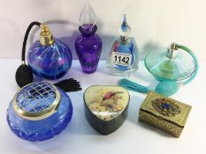 4 coloured glass scent bottles, a rose bowl and 2 trinket boxes.