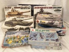 4 large boxed Tamiya tank model kits and 9 other model kits of various types.