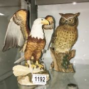 2 Noritake Royal Meridian bird figures being an owl on stump and a bald eagle on branch.