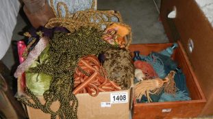 A box of household linens, embroideries, vintage linens, doilies etc.