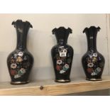 3 hand painted black vases.