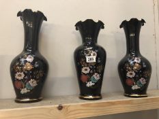 3 hand painted black vases.