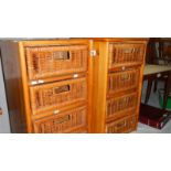 A pair of 4 drawer chest with wicker drawers, one missing top.