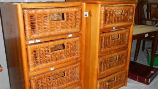 A pair of 4 drawer chest with wicker drawers, one missing top.