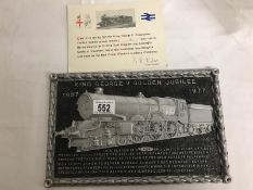 GWR King George V steam locomotive Golden Jubilee plaque with certificate,