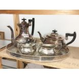 A 4 piece silver plate tea set on tray.