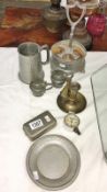 A mixed lot of metal ware including pewter tray, pewter mustard pots with Bristol blue glass liners,