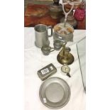 A mixed lot of metal ware including pewter tray, pewter mustard pots with Bristol blue glass liners,