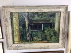 A framed oil on canvas entitled 'The green house' by Neville Hickman, August 1983 (details Verso).