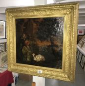 A restored 19th century oil on canvas painting 'The Tryst' of lady & gentleman in woodland setting