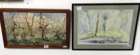 A mid 20th century oil on board abstract study of woodland trees together with a similar example in