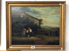 A 19th century British painting of a rustic country scene with seated figures beside a house in