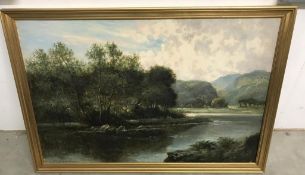 A gilt framed oil on canvas 'river in landscape' signed F.? Jamieson.