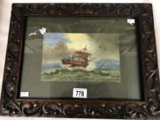 Circle of J Callow 19th century watercolour 'The shipwreck' signed with a carved wood 60/80 frame